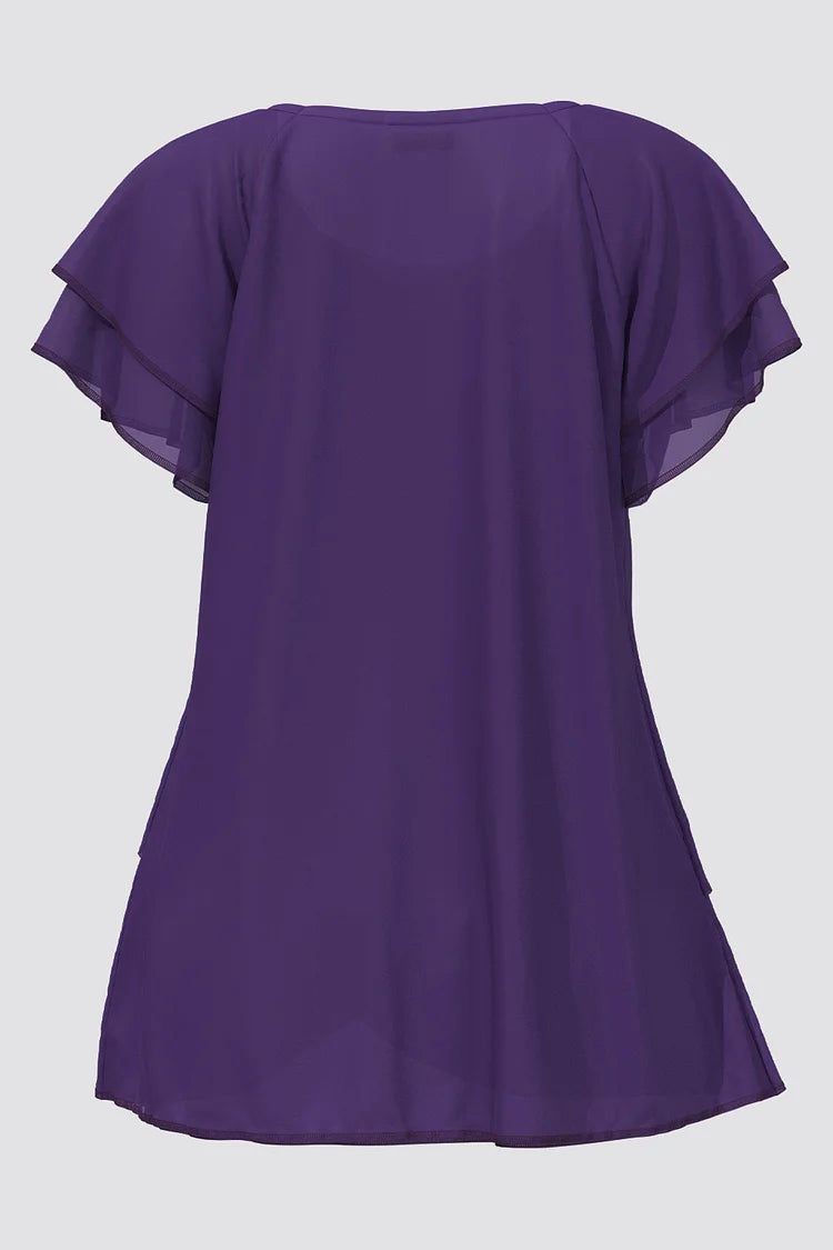 Plus Size Dressy Dark Purple Chiffon Ruffle Sleeve Layered Asymmetrical Hem Blouse