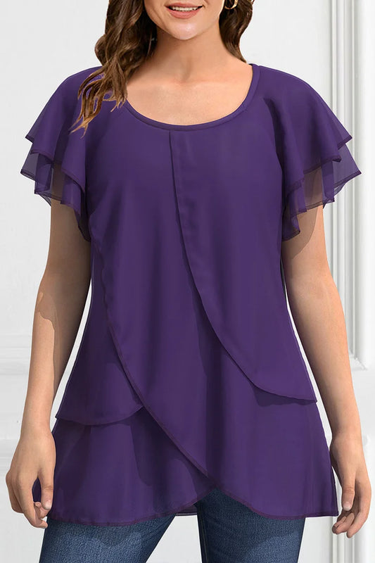 Plus Size Dressy Dark Purple Chiffon Ruffle Sleeve Layered Asymmetrical Hem Blouse