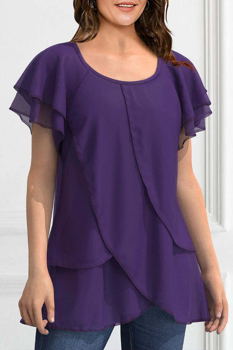 Plus Size Dressy Dark Purple Chiffon Ruffle Sleeve Layered Asymmetrical Hem Blouse
