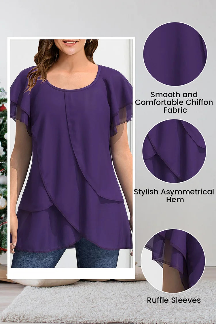 Plus Size Dressy Dark Purple Chiffon Ruffle Sleeve Layered Asymmetrical Hem Blouse