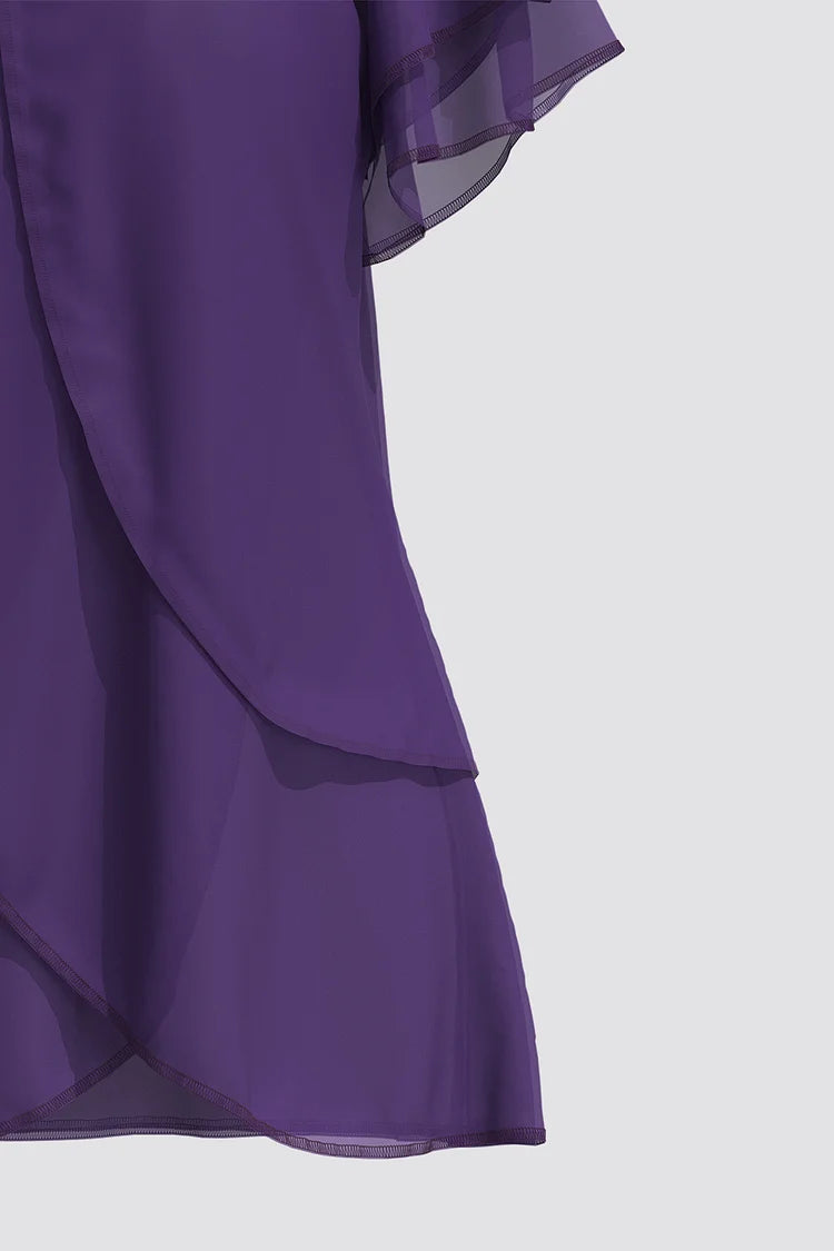 Plus Size Dressy Dark Purple Chiffon Ruffle Sleeve Layered Asymmetrical Hem Blouse