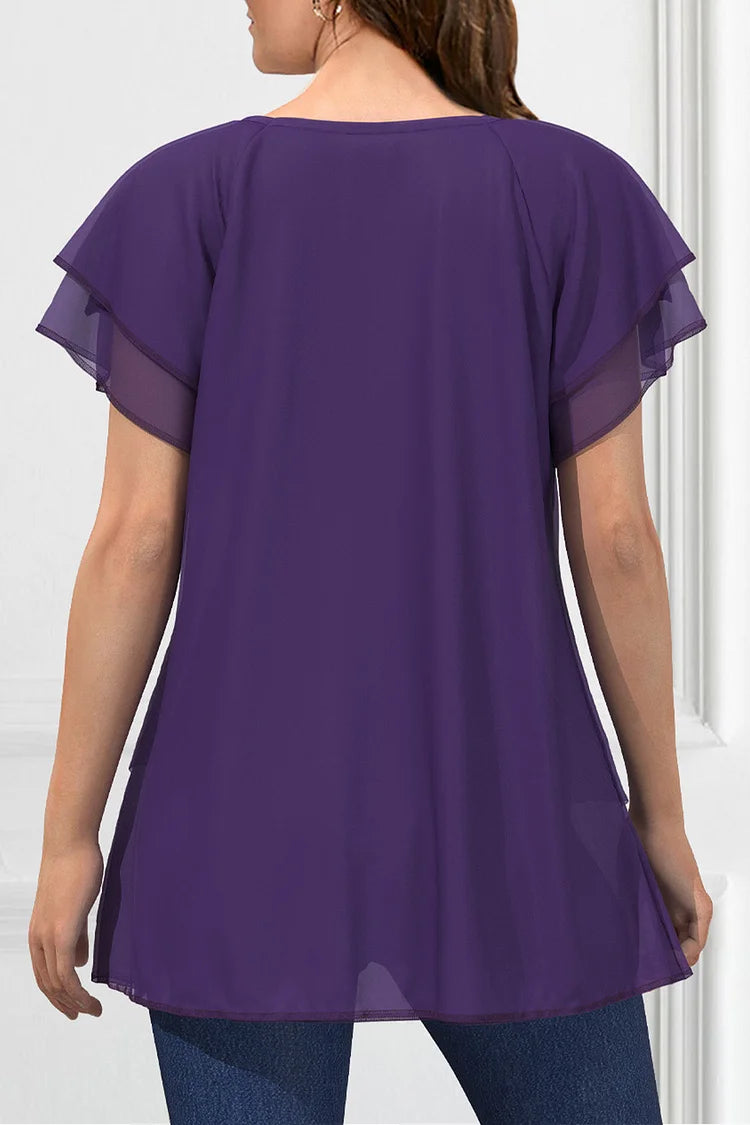 Plus Size Dressy Dark Purple Chiffon Ruffle Sleeve Layered Asymmetrical Hem Blouse