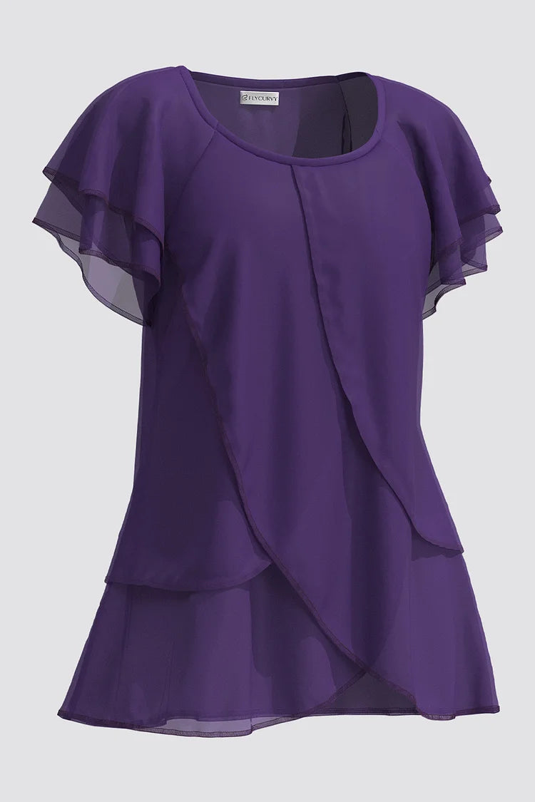 Plus Size Dressy Dark Purple Chiffon Ruffle Sleeve Layered Asymmetrical Hem Blouse